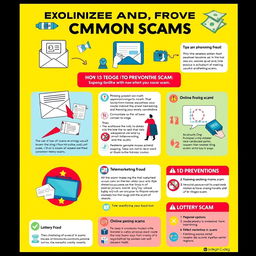 A thorough guide to recognizing and preventing common scams, featuring a detailed infographic style layout