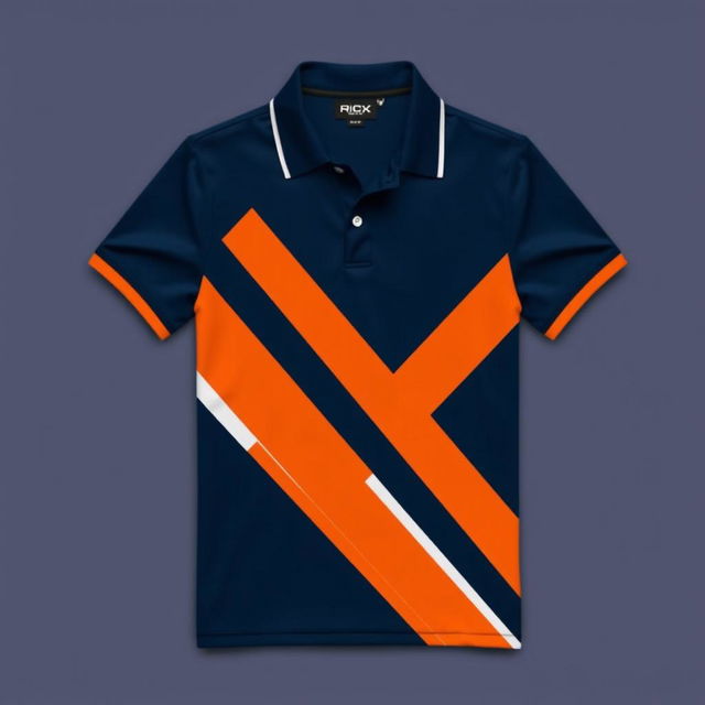 A stylish polo shirt featuring a combination of dark blue, orange, and white colors