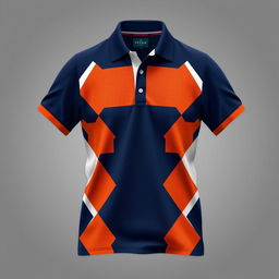 A stylish polo shirt featuring a combination of dark blue, orange, and white colors