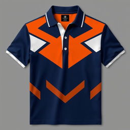 A stylish polo shirt featuring a combination of dark blue, orange, and white colors