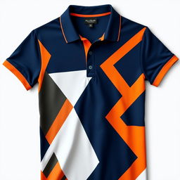 A stylish polo shirt featuring a combination of dark blue, orange, and white colors