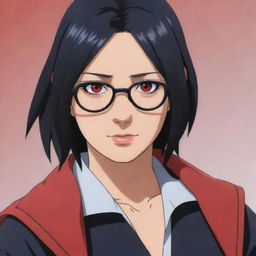 Sarada Uchiha from Naruto, portrayed as an adult with long black hair and vibrant red eyes, not wearing her usual glasses.