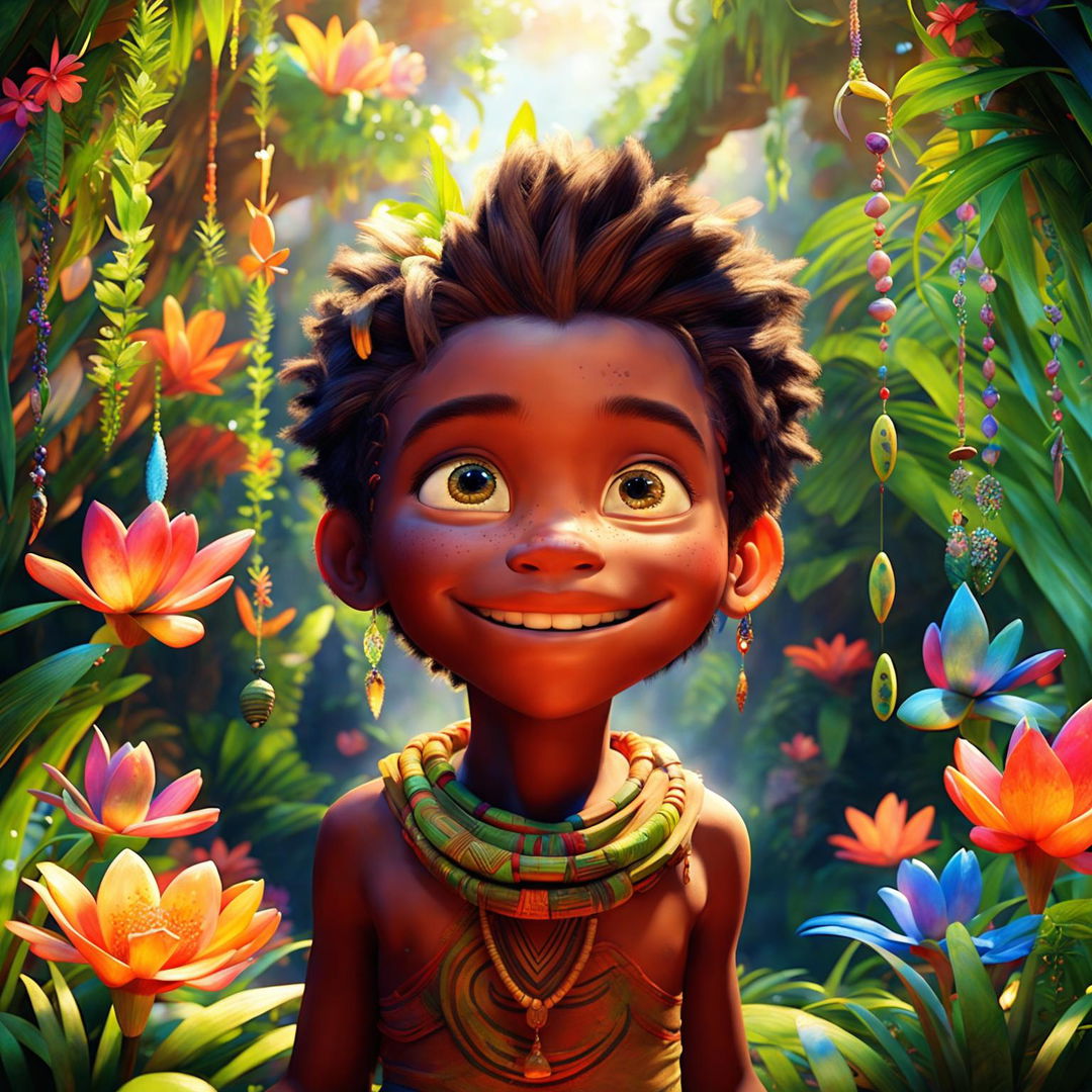 A classic Pixar movie scene featuring an African tribal boy with a remarkably animated face, in a magical jungle with superior lighting and heightened enchanting elements.