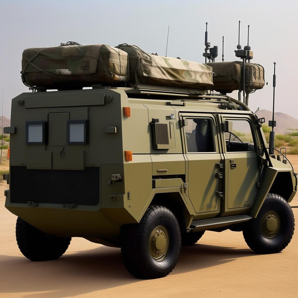 A state-of-the-art open back military van equipped with radio antennae, exhibiting cutting-edge technology, robust armored exterior, and intricate design.