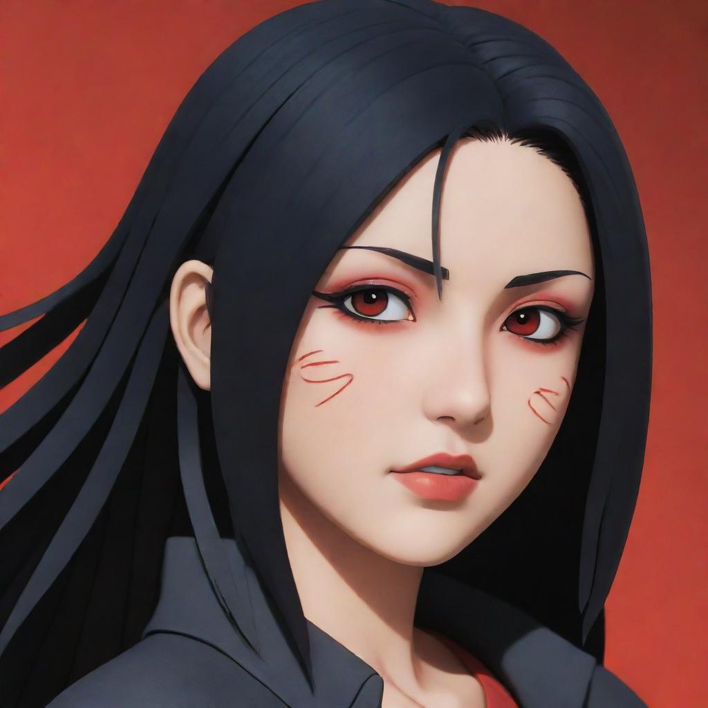 A detailed depiction of adult Sarada Uchiha from Naruto with long, jet black hair and piercing red eyes, without her signature glasses.