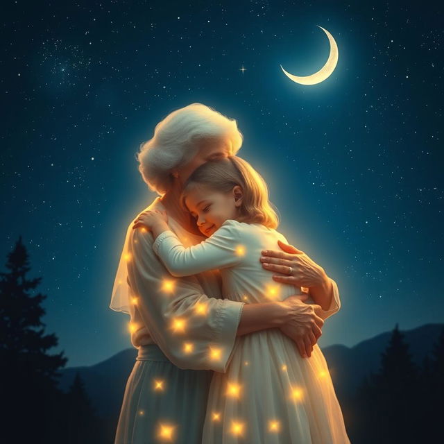 An ethereal scene depicting a glowing grandmother embracing her granddaughter on a starry night