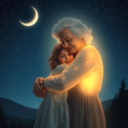 An ethereal scene depicting a glowing grandmother embracing her granddaughter on a starry night