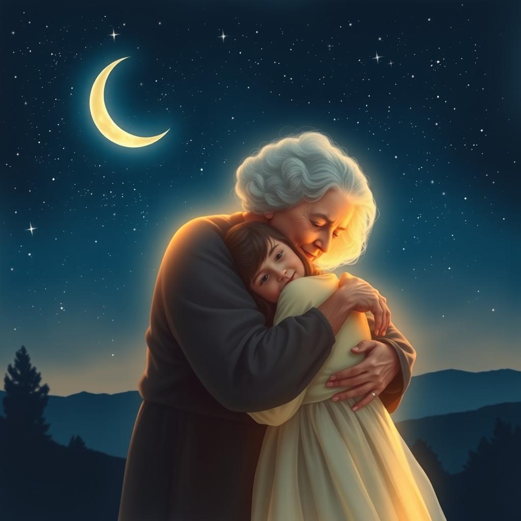 An ethereal scene depicting a glowing grandmother embracing her granddaughter on a starry night