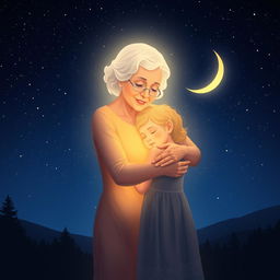 An ethereal scene depicting a glowing grandmother embracing her granddaughter on a starry night