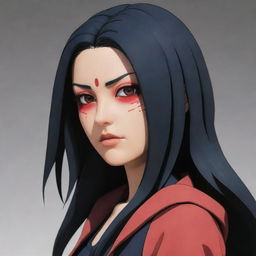 A detailed depiction of adult Sarada Uchiha from Naruto with long, jet black hair and piercing red eyes, without her signature glasses.