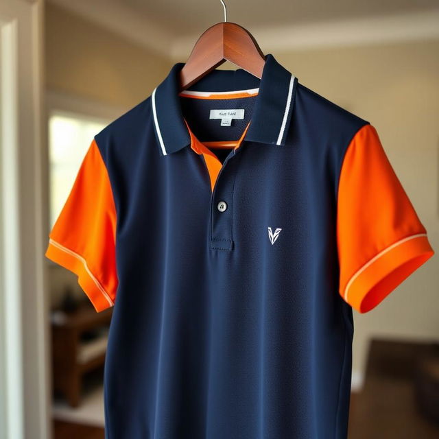 A stylish polo shirt featuring a combination of dark blue, orange, and white colors