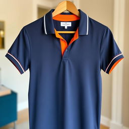 A stylish polo shirt featuring a combination of dark blue, orange, and white colors