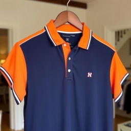 A stylish polo shirt featuring a combination of dark blue, orange, and white colors