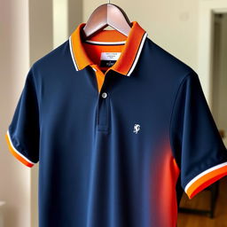 A stylish polo shirt featuring a combination of dark blue, orange, and white colors