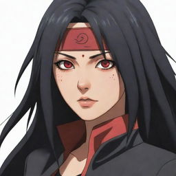 A detailed depiction of adult Sarada Uchiha from Naruto with long, jet black hair and piercing red eyes, without her signature glasses.