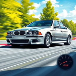 A detailed and vibrant illustration of a BMW M5 E39, showcasing a stunning color combination of silver and black