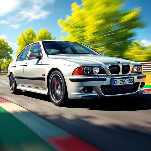 A detailed and vibrant illustration of a BMW M5 E39, showcasing a stunning color combination of silver and black