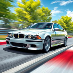 A detailed and vibrant illustration of a BMW M5 E39, showcasing a stunning color combination of silver and black