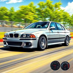 A detailed and vibrant illustration of a BMW M5 E39, showcasing a stunning color combination of silver and black