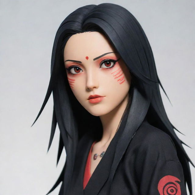 A detailed depiction of adult Sarada Uchiha from Naruto with long, jet black hair and piercing red eyes, without her signature glasses.