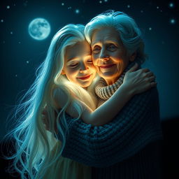 A glowing grandmother embracing her long-haired granddaughter at night