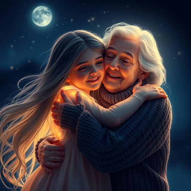 A glowing grandmother embracing her long-haired granddaughter at night