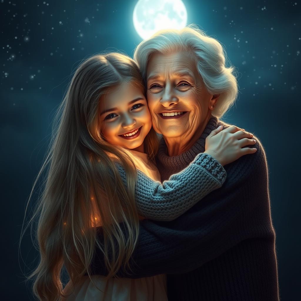 A glowing grandmother embracing her long-haired granddaughter at night