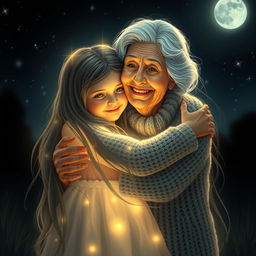 A glowing grandmother embracing her long-haired granddaughter at night