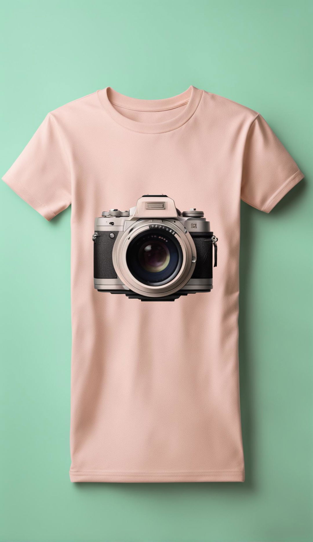 Minimalist t-shirt design with pastel gradient backdrop and stylized vintage camera silhouette, inspired by Wes Anderson's style.