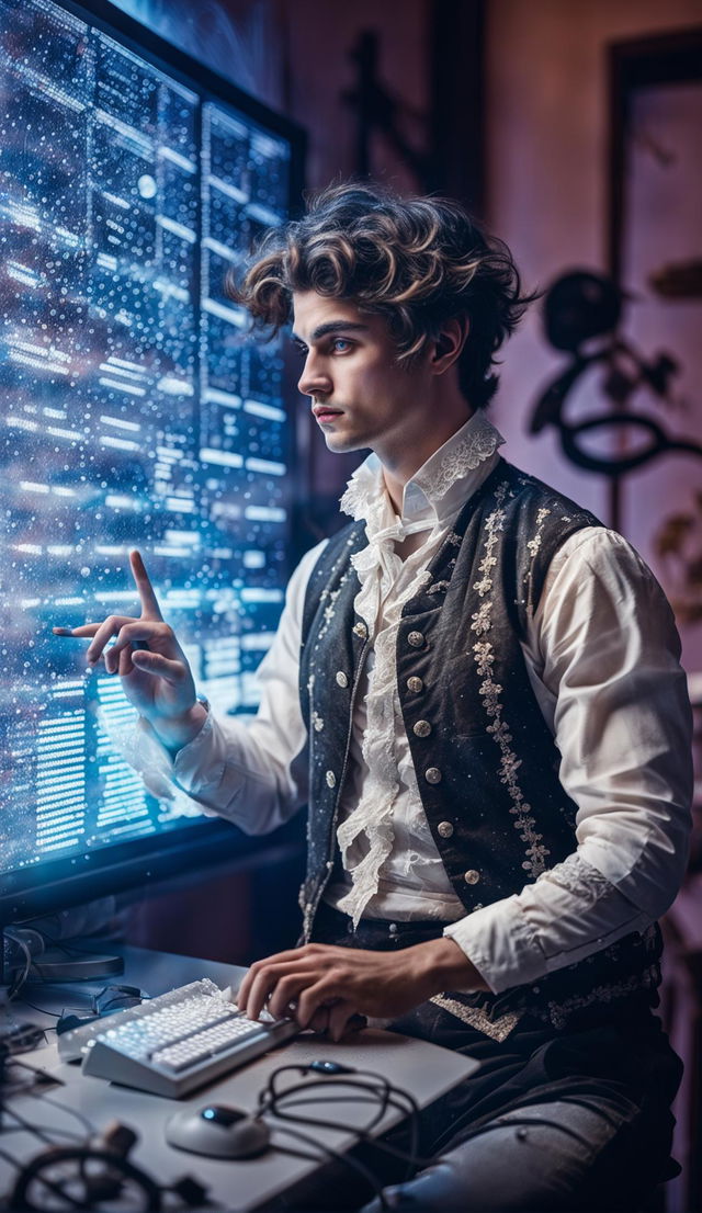 Rococo-styled portrait of an IT worker in modern attire with Rococo elements against a pastel minimalist background. Particles float around him, illuminated by computer screen light. Light rain visible through a window behind him.