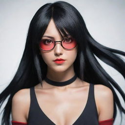 An adult version of Sarada Uchiha from Naruto series, with long, luscious black hair cascading down her shoulders, and captivating red eyes. She isn't wearing her usual glasses.