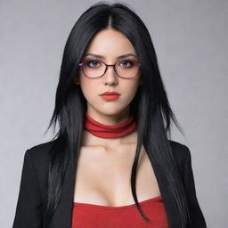 An adult version of Sarada Uchiha from Naruto series, with long, luscious black hair cascading down her shoulders, and captivating red eyes. She isn't wearing her usual glasses.