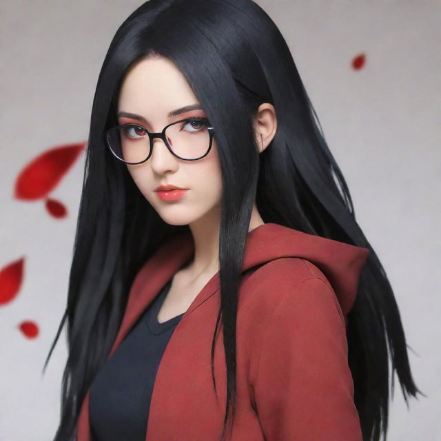 An adult version of Sarada Uchiha from Naruto series, with long, luscious black hair cascading down her shoulders, and captivating red eyes. She isn't wearing her usual glasses.