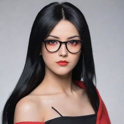 An adult version of Sarada Uchiha from Naruto series, with long, luscious black hair cascading down her shoulders, and captivating red eyes. She isn't wearing her usual glasses.