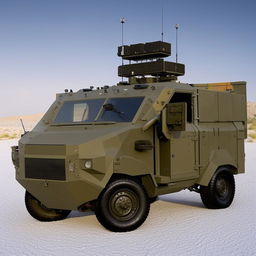 A state-of-the-art open back military van equipped with radio antennae, exhibiting cutting-edge technology, robust armored exterior, and intricate design.