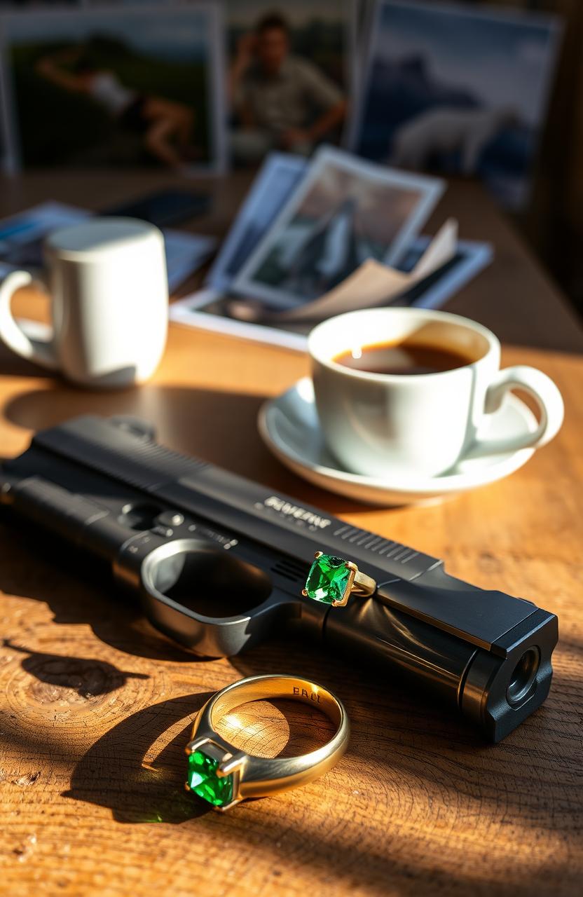 A rustic wooden table featuring a sleek metallic gun resting on its surface, alongside a steaming cup of coffee