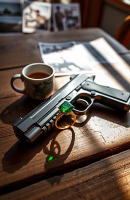 A rustic wooden table featuring a sleek metallic gun resting on its surface, alongside a steaming cup of coffee