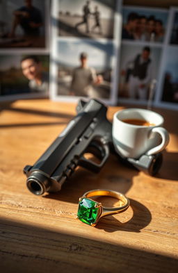 A rustic wooden table featuring a sleek metallic gun resting on its surface, alongside a steaming cup of coffee