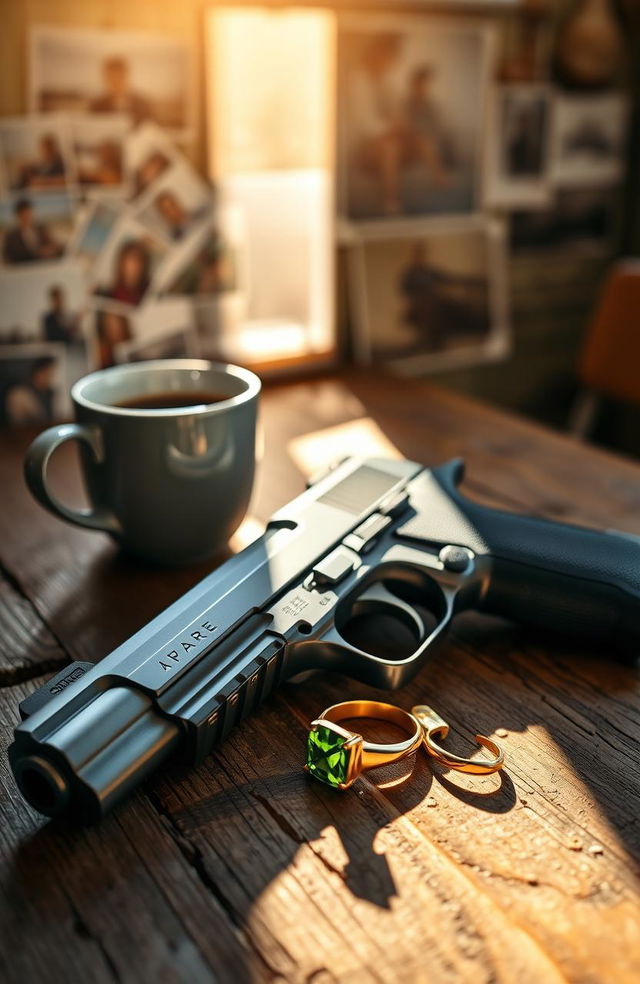 A rustic wooden table featuring a sleek metallic gun resting on its surface, alongside a steaming cup of coffee