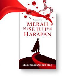 A novel cover design for 'Merah Sejuta Harapan' by Muhammad Zuhril Haq that features the silhouette of a strong character standing resolutely in the center