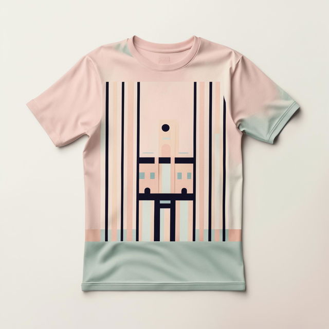 Minimalist t-shirt design with a geometric pattern in Wes Anderson-inspired pastel colors on a white background.