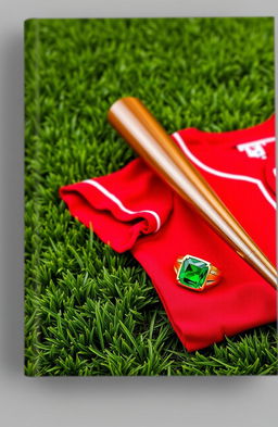 A book cover design featuring a baseball field as the background, with lush green grass