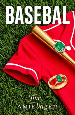 A book cover design featuring a baseball field as the background, with lush green grass