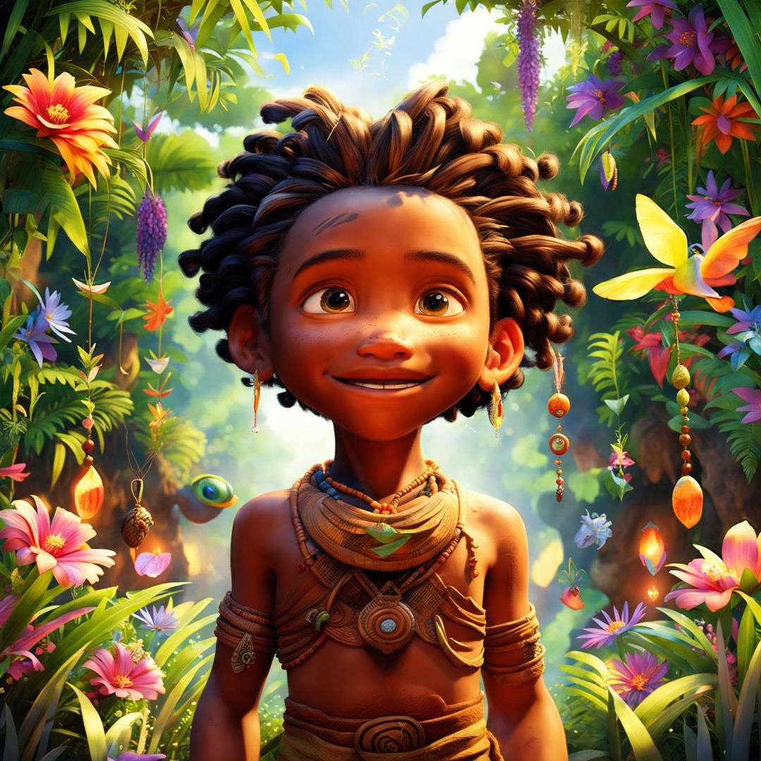 A classic Pixar movie scene featuring an African tribal boy with long braided hair, in a magical jungle with superior lighting and heightened enchanting elements.