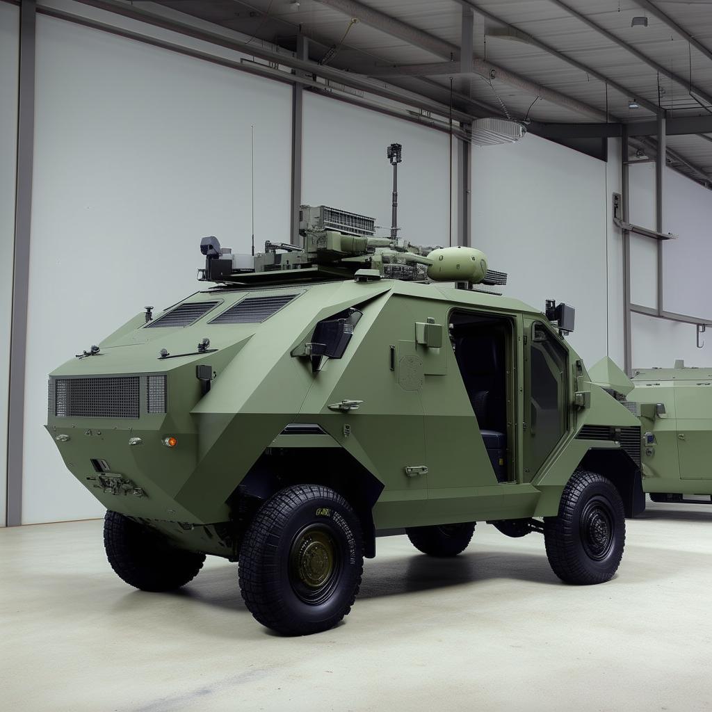 A state-of-the-art open back military van equipped with radio antennae, exhibiting cutting-edge technology, robust armored exterior, and intricate design.