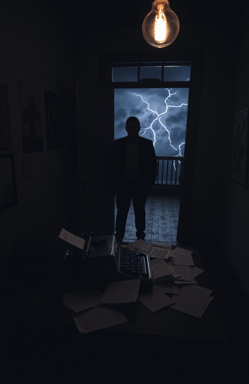 A mysterious and atmospheric scene from a psychological thriller; a dimly lit room filled with shadows; a vintage typewriter on a desk scattered with pages of cryptic notes; a single flickering lightbulb overhead casting eerie shadows; the walls adorned with unsettling, abstract art