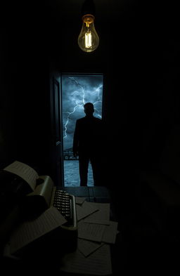 A mysterious and atmospheric scene from a psychological thriller; a dimly lit room filled with shadows; a vintage typewriter on a desk scattered with pages of cryptic notes; a single flickering lightbulb overhead casting eerie shadows; the walls adorned with unsettling, abstract art