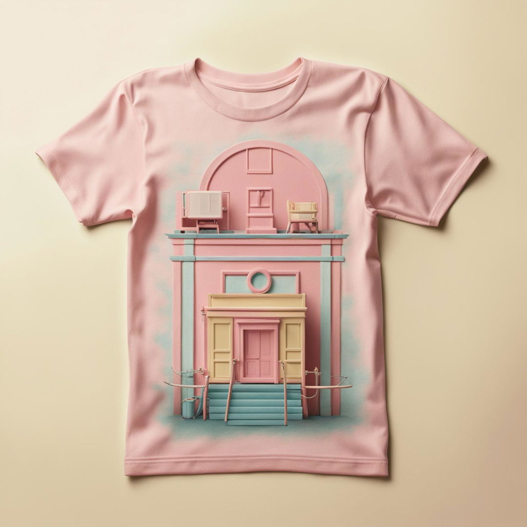 Minimalist t-shirt design with a Wes Anderson-inspired pastel backdrop and a detailed print of a movie set.