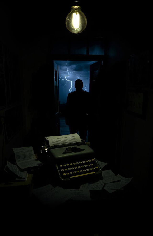 A mysterious and atmospheric scene from a psychological thriller; a dimly lit room filled with shadows; a vintage typewriter on a desk scattered with pages of cryptic notes; a single flickering lightbulb overhead casting eerie shadows; the walls adorned with unsettling, abstract art