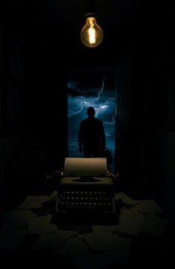 A mysterious and atmospheric scene from a psychological thriller; a dimly lit room filled with shadows; a vintage typewriter on a desk scattered with pages of cryptic notes; a single flickering lightbulb overhead casting eerie shadows; the walls adorned with unsettling, abstract art